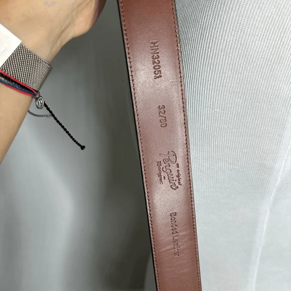 PENGUIN Black LEATHER Dress belt smooth silver hardware HN32051 Men's 32